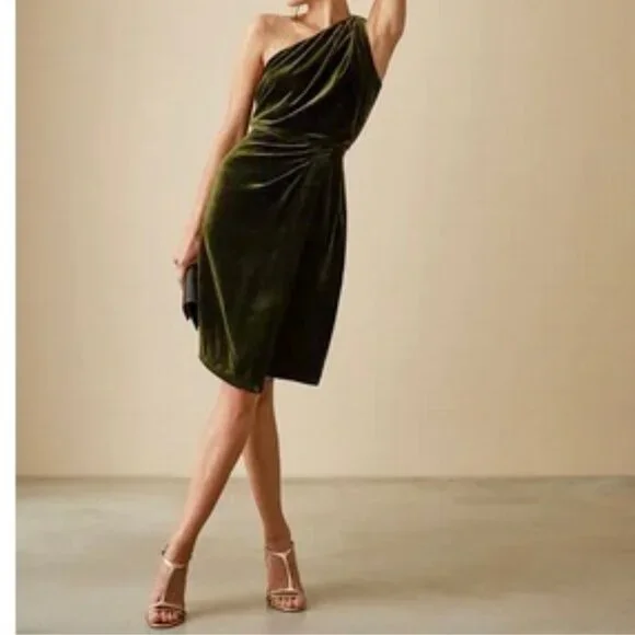NWT Reiss EDEN Green Velvet One Shoulder Evening Cocktail Midi Dress Size 4 - Picture 2 of 8